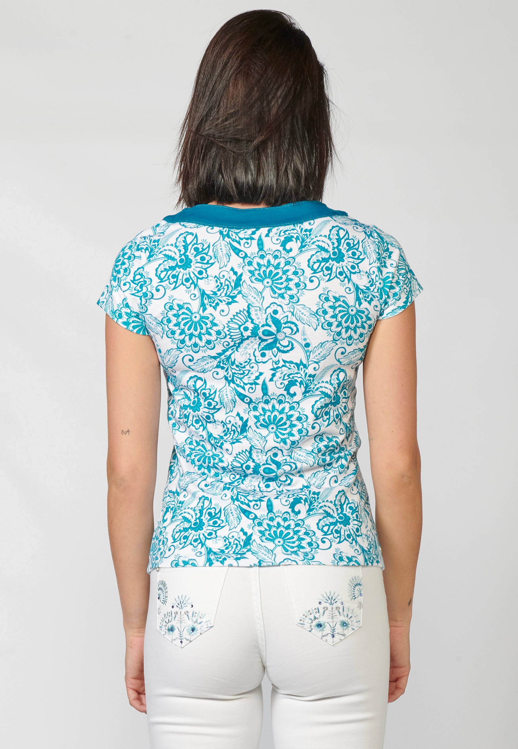 Camiseta algodón escote cruzado floral mujer aqua - Koroshi 2212TP14 - vista 6