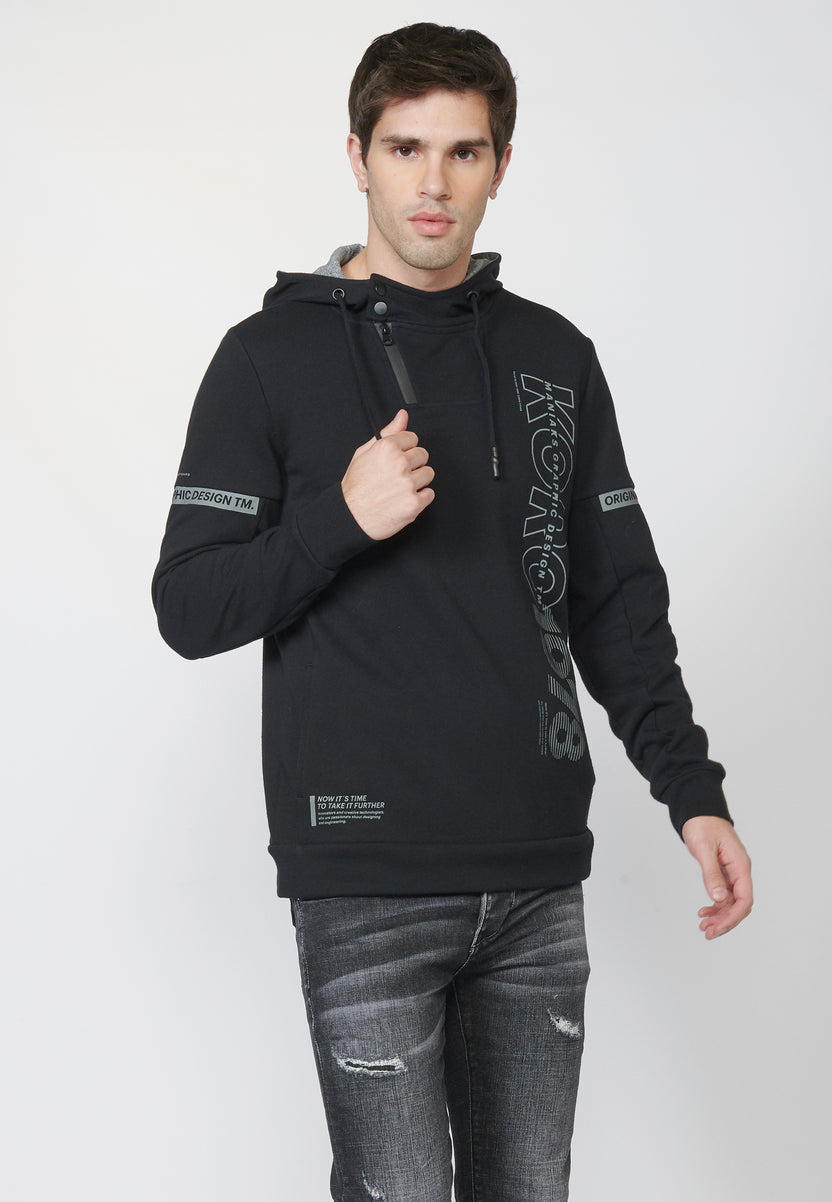 Sudadera capucha cremallera hombre negro detalle - Koroshi 2221SU12