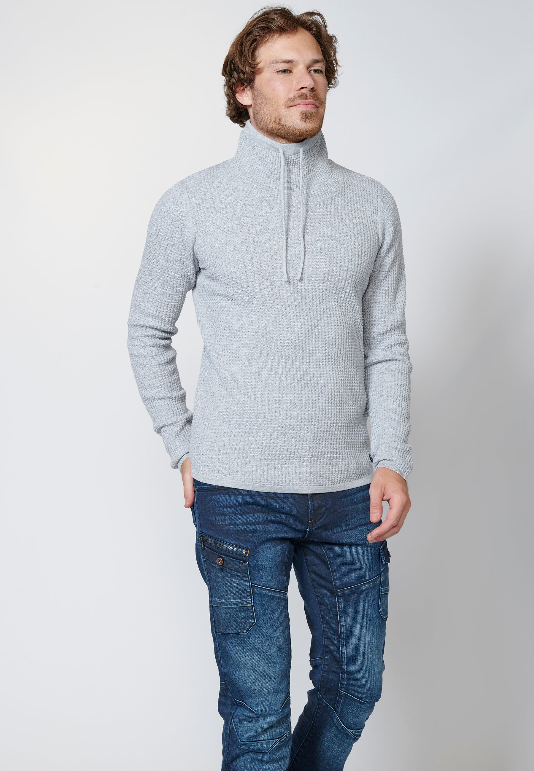 Herren-Pullover aus Baumwolle mit Stehkragen und langen Ärmeln