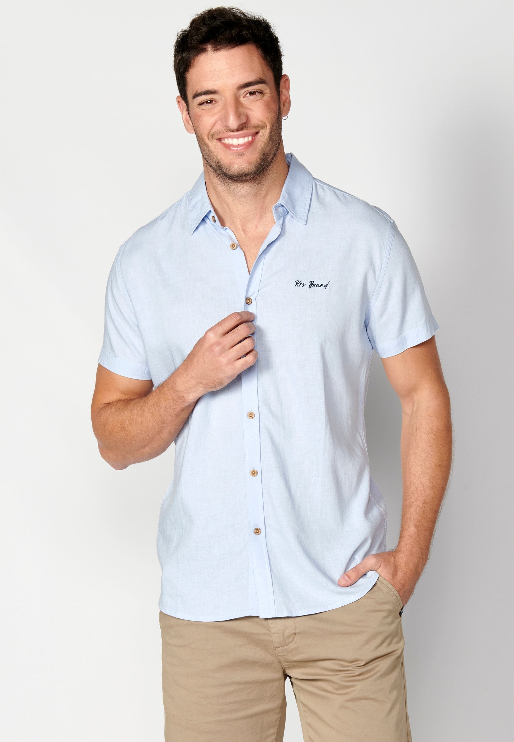 Camisa lino viscosa manga corta hombre azul - Koroshi 2311CC08