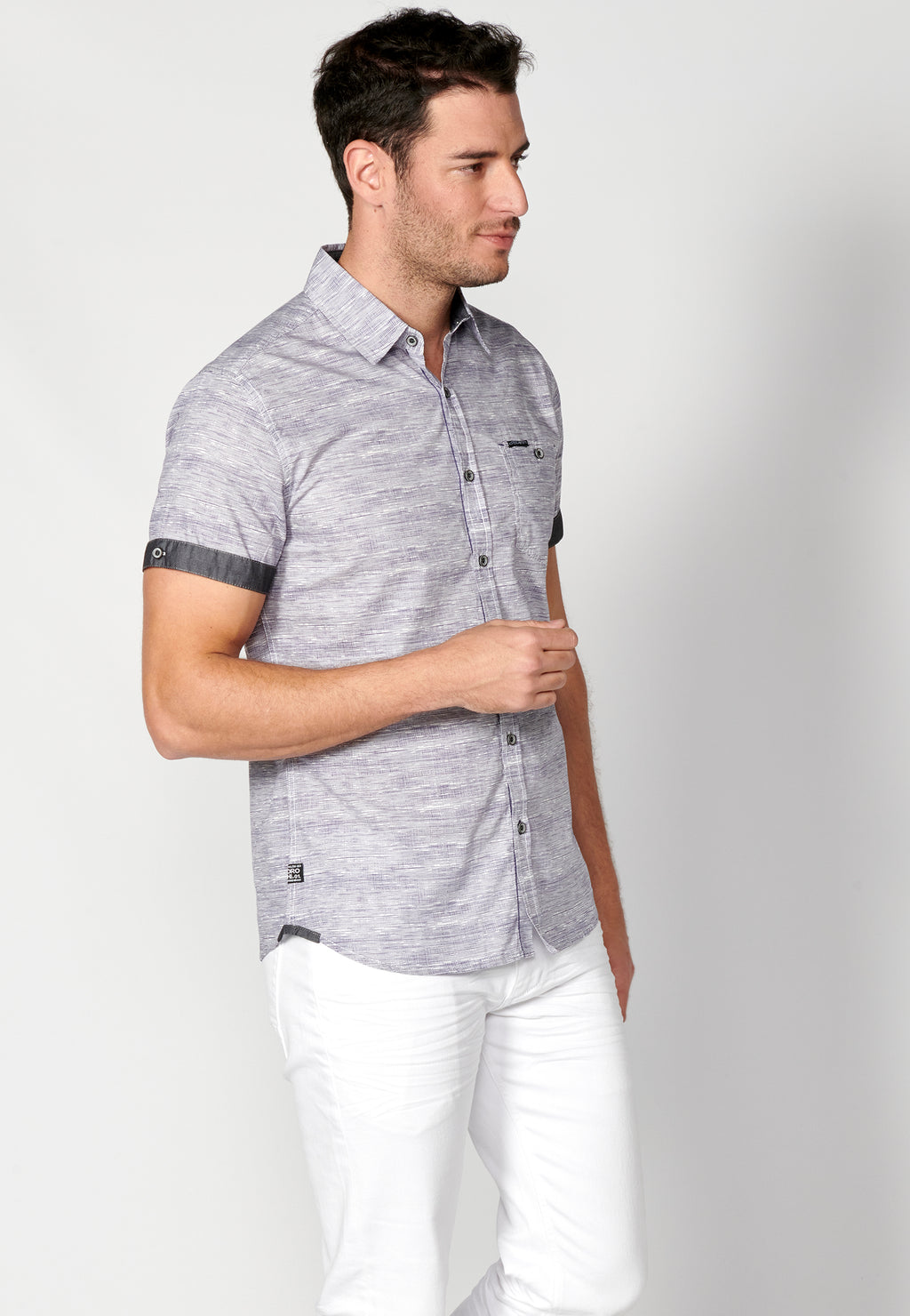 Camisa algodón jaspeado bolsillo manga corta hombre azul - Koroshi 2311CC31