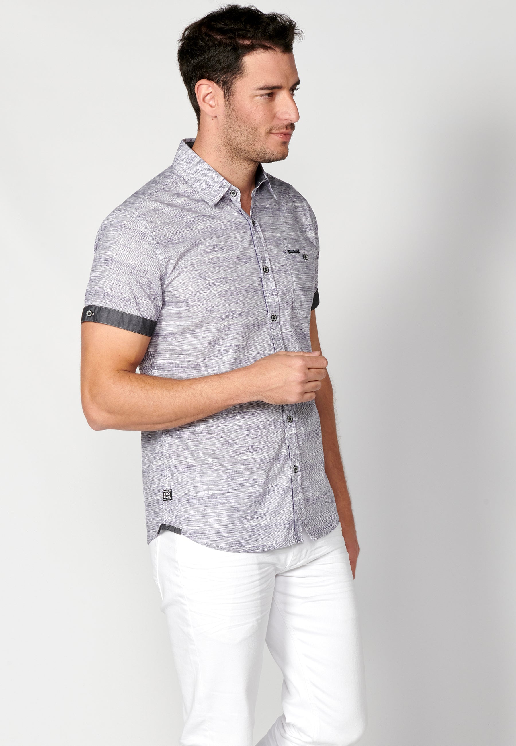 Camisa algodón jaspeado bolsillo manga corta hombre azul - Koroshi 2311CC31
