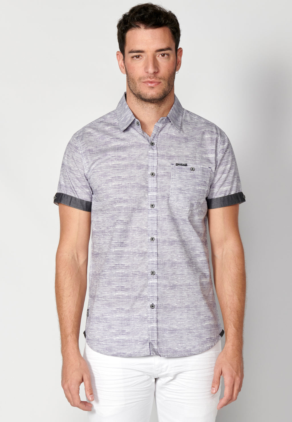 Camisa algodón jaspeado bolsillo manga corta hombre azul - Koroshi 2311CC31