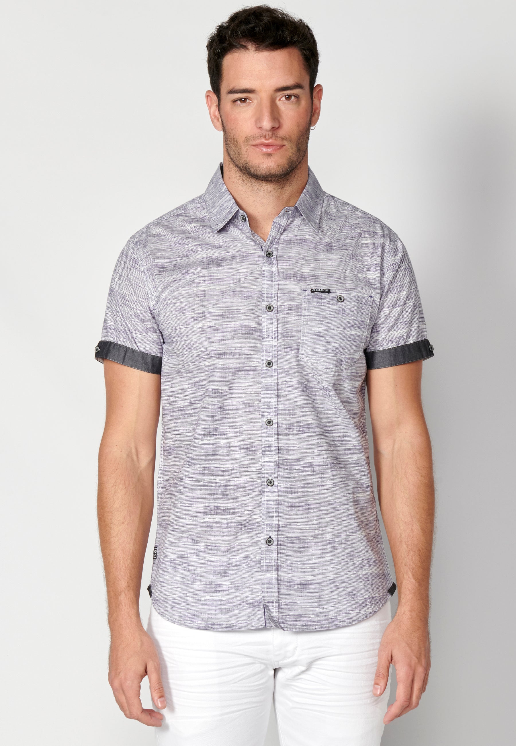 Camisa algodón jaspeado bolsillo manga corta hombre azul - Koroshi 2311CC31