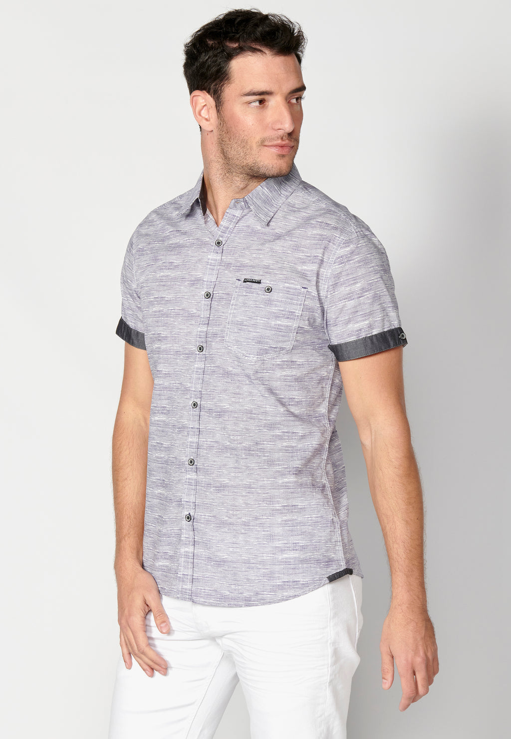 Camisa algodón jaspeado bolsillo manga corta hombre azul - Koroshi 2311CC31