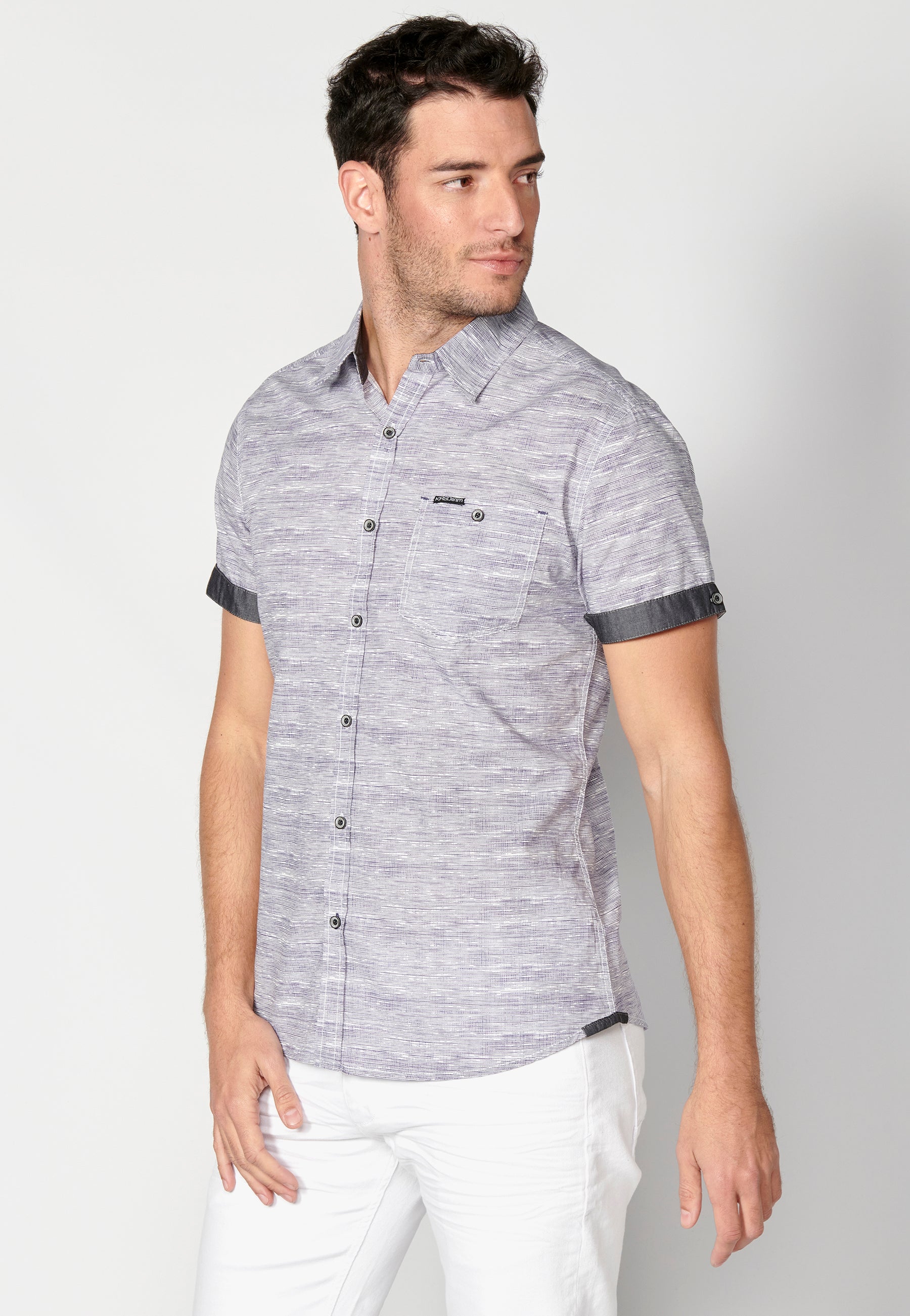 Camisa algodón jaspeado bolsillo manga corta hombre azul - Koroshi 2311CC31