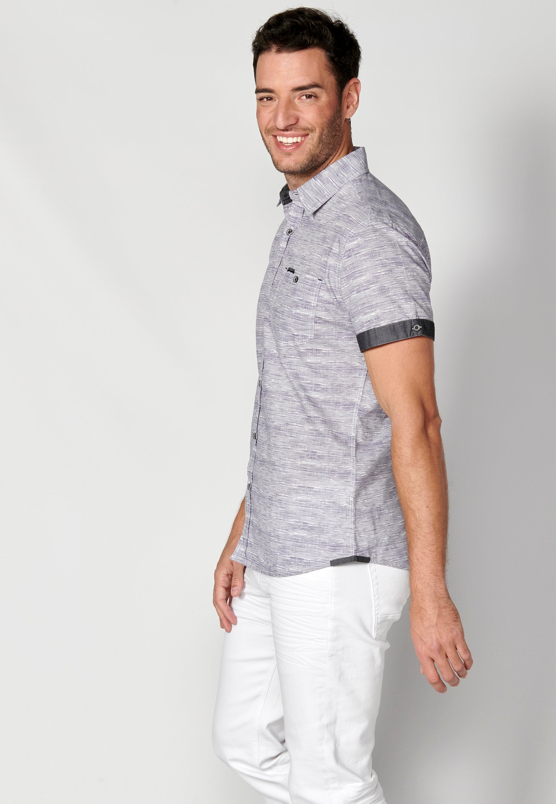 Camisa algodón jaspeado bolsillo manga corta hombre azul - Koroshi 2311CC31