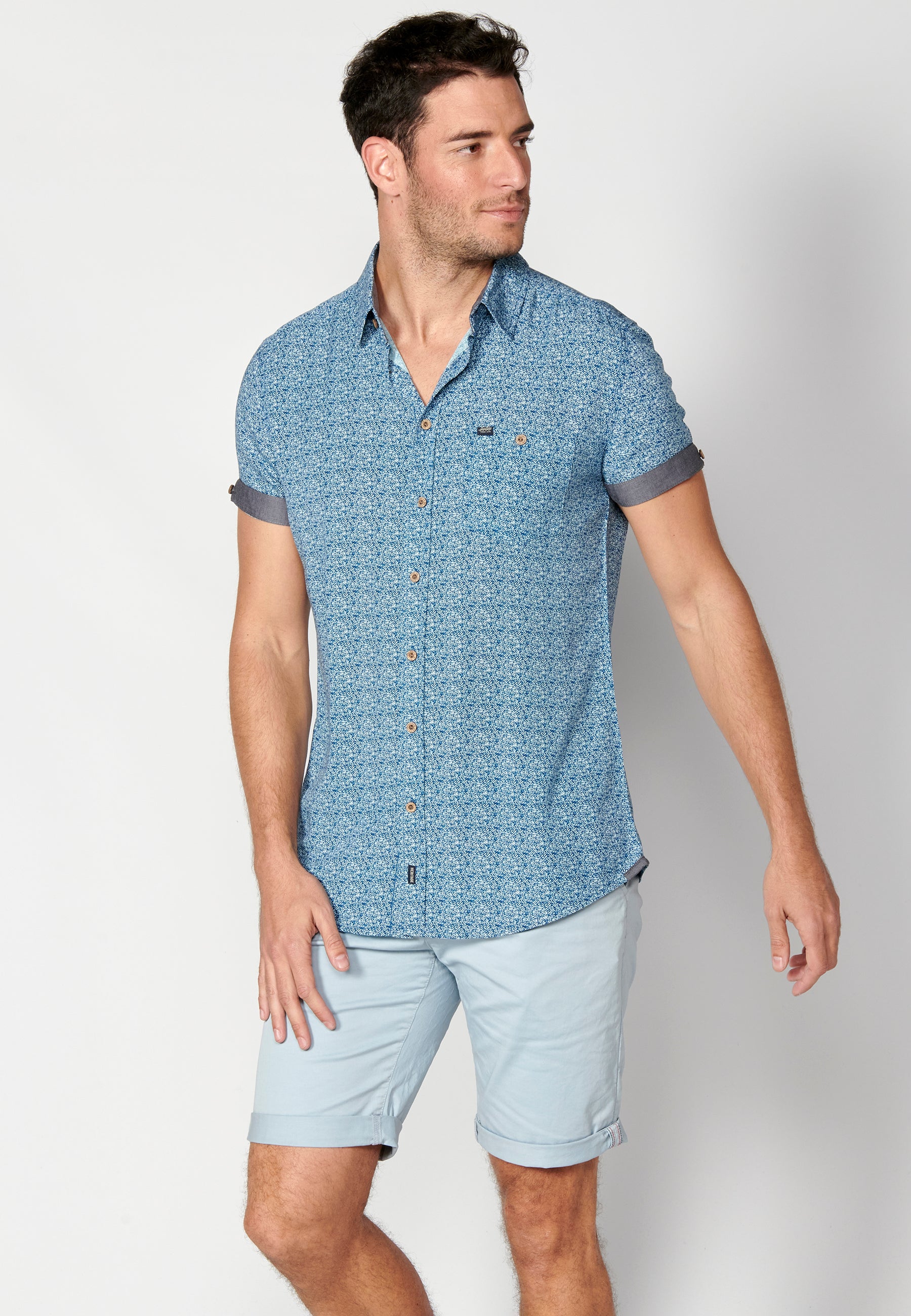 Camisa micro estampat màniga curta home blau - Koroshi 2311CC33