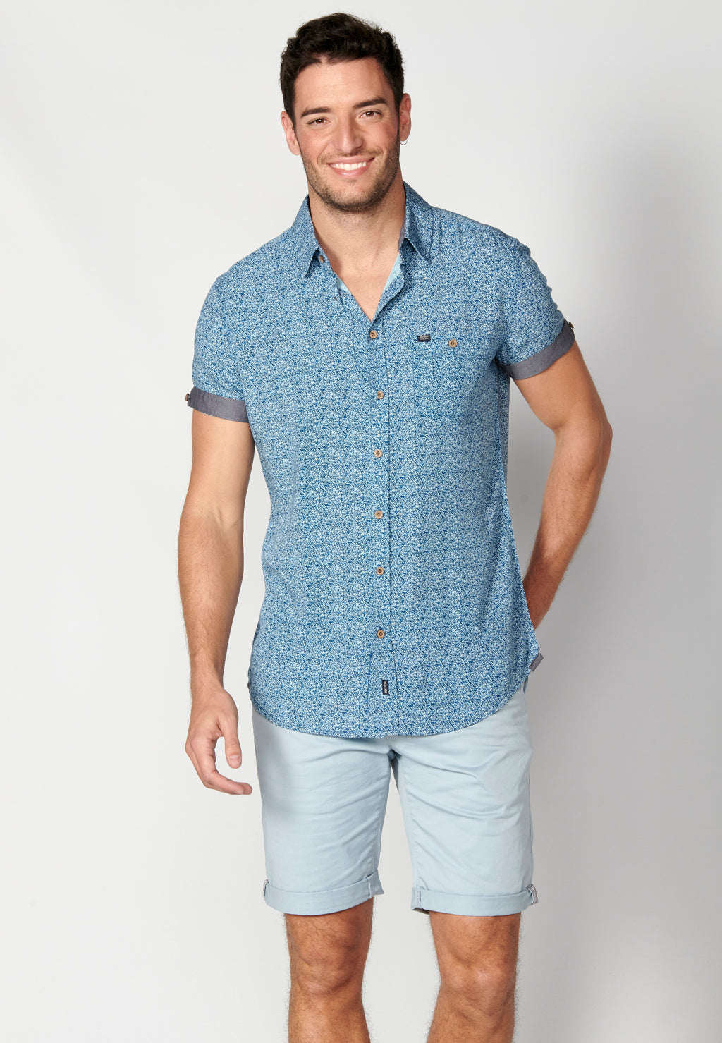 Camisa micro estampat màniga curta home blau - Koroshi 2311CC33