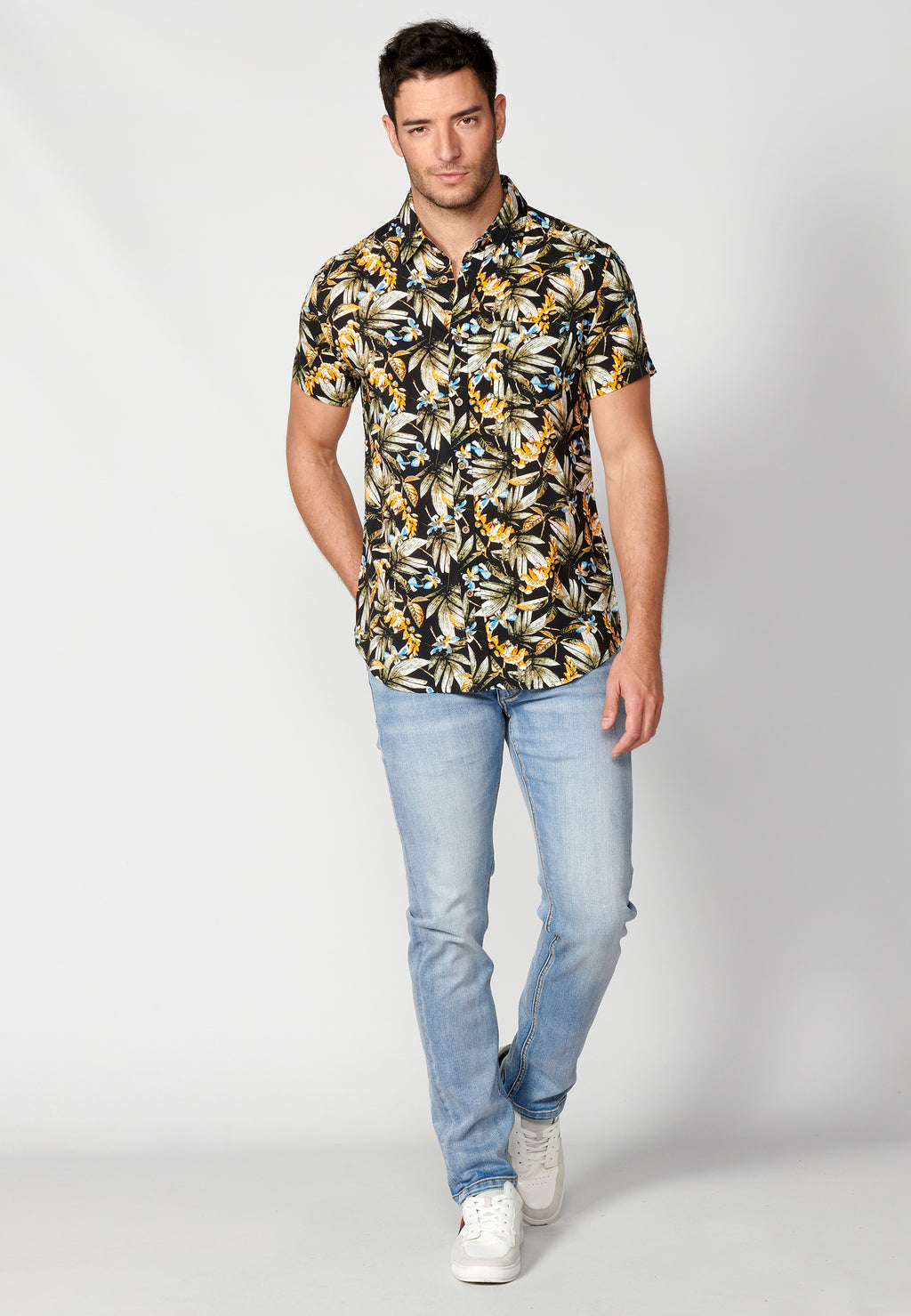 Camisa tropical bolsillo manga corta hombre naranja - Koroshi 2311CC37