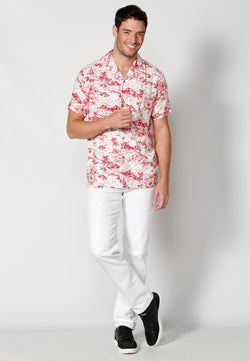 Men's short sleeve viscose Cuban collar Hawaiian shirt white - Koroshi 2311CC38