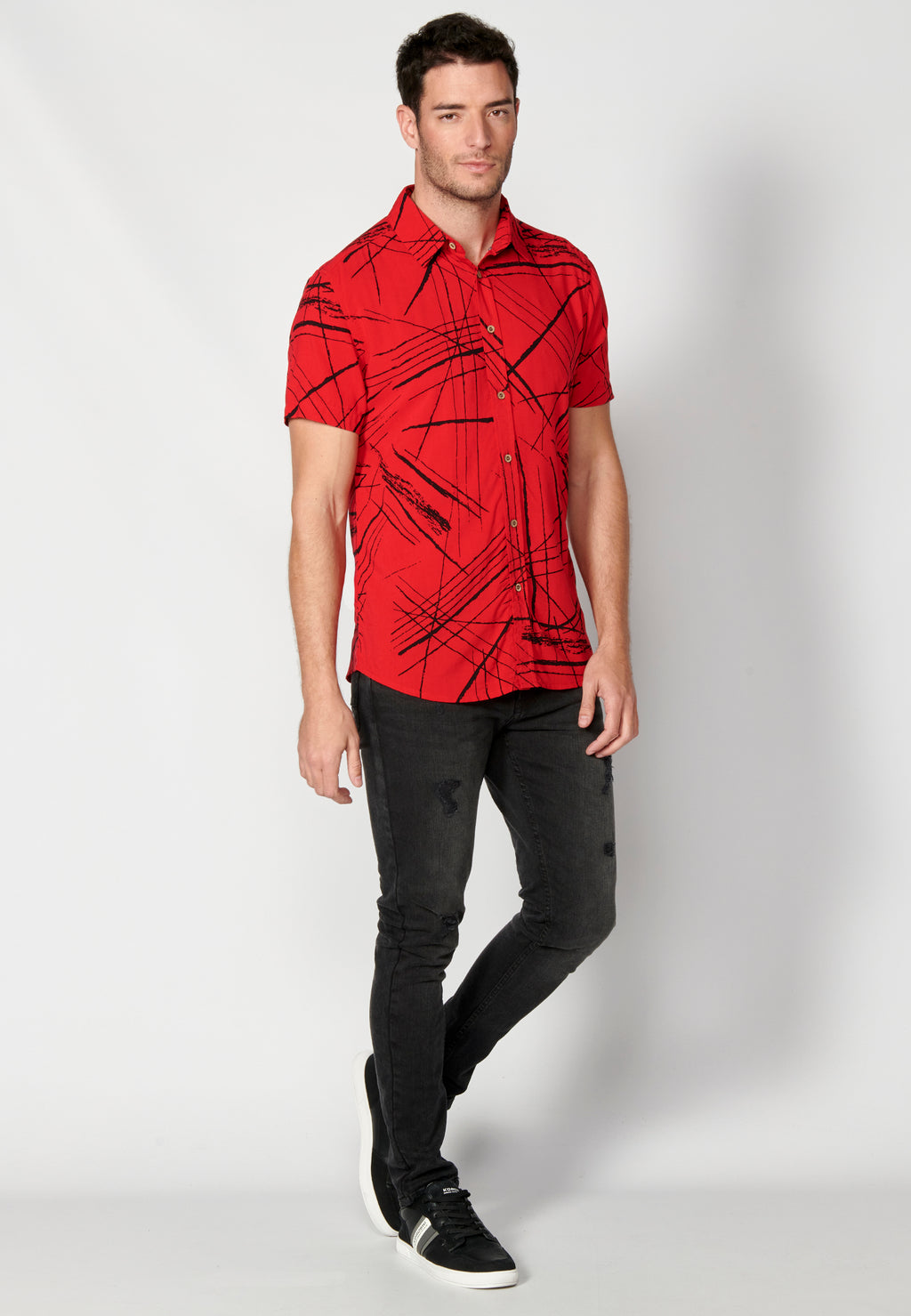 Red men's short sleeve viscose tropical print shirt - Koroshi 2311CC40