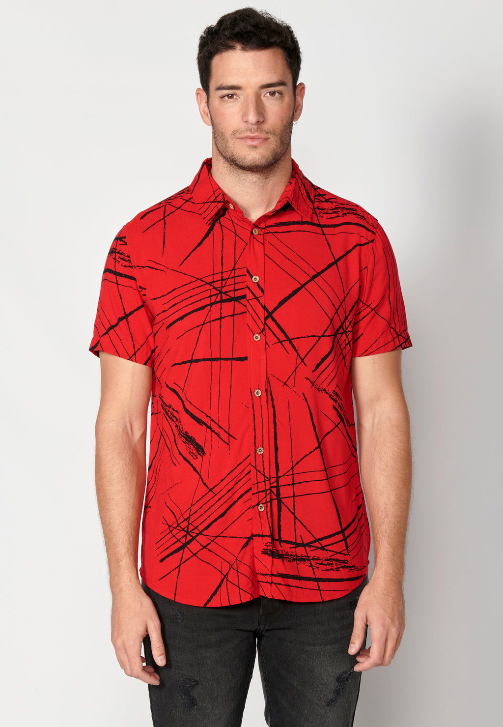 Red men's short sleeve viscose tropical print shirt - Koroshi 2311CC40