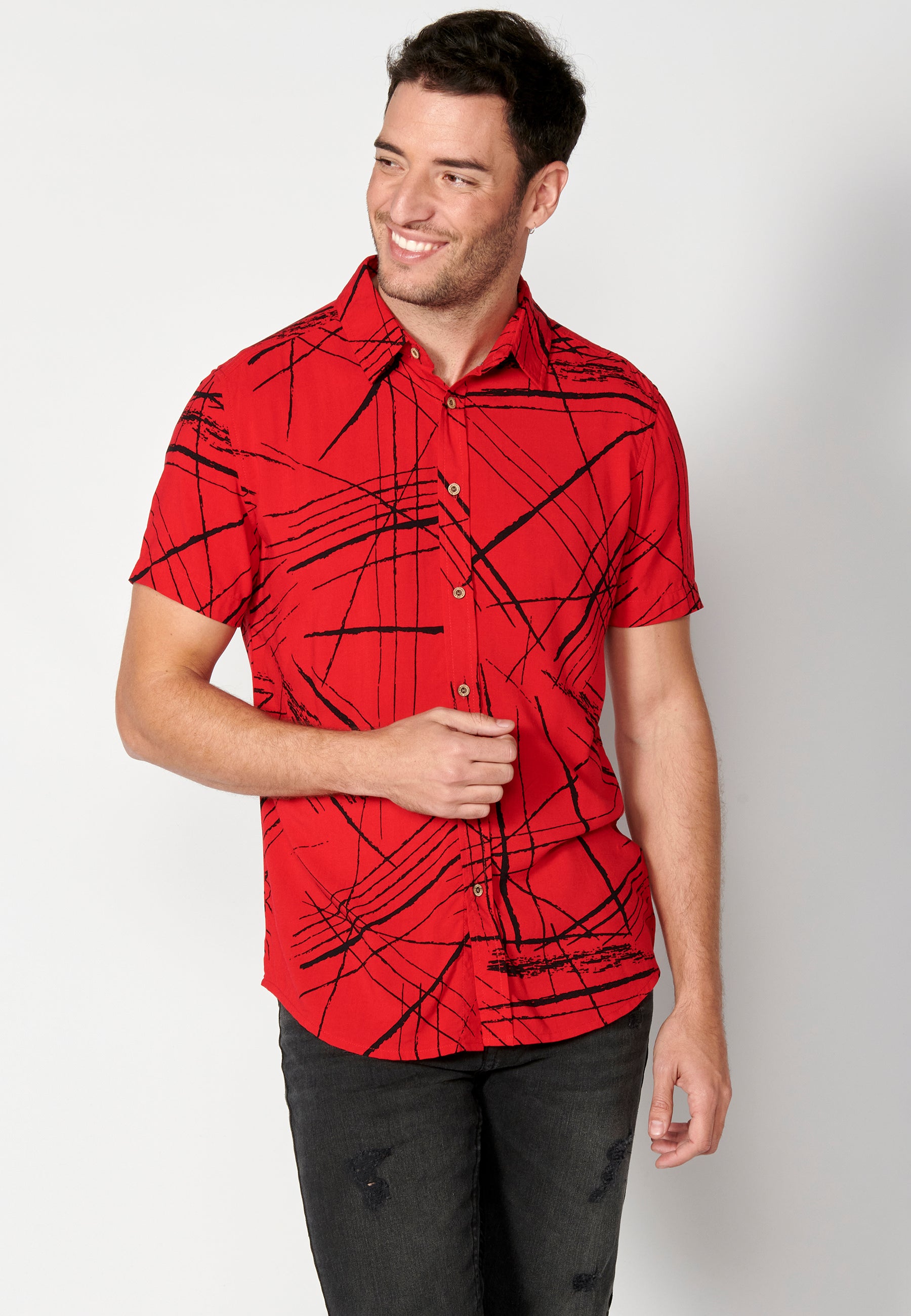 Red men's short sleeve viscose tropical print shirt - Koroshi 2311CC40