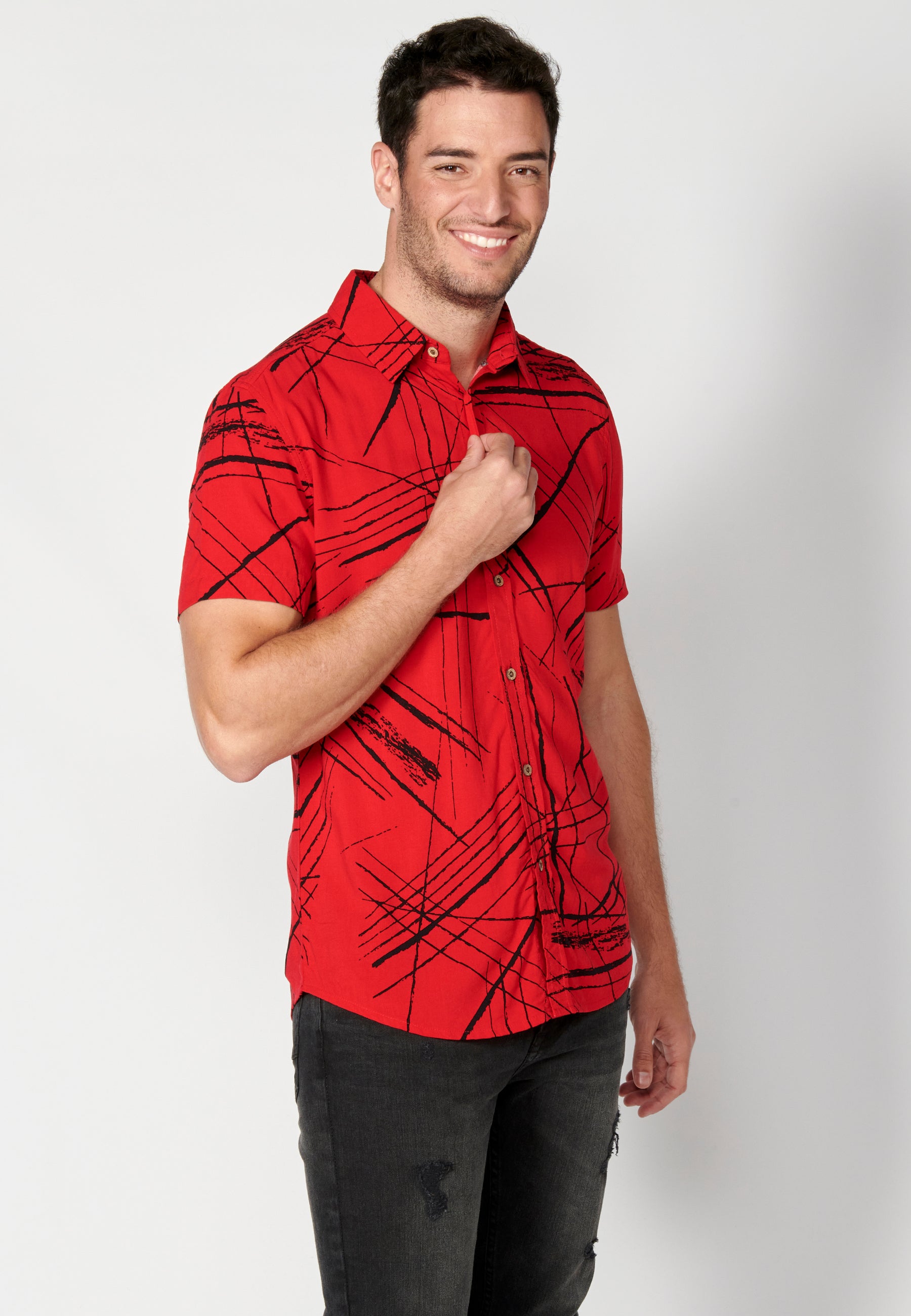 Red men's short sleeve viscose tropical print shirt - Koroshi 2311CC40