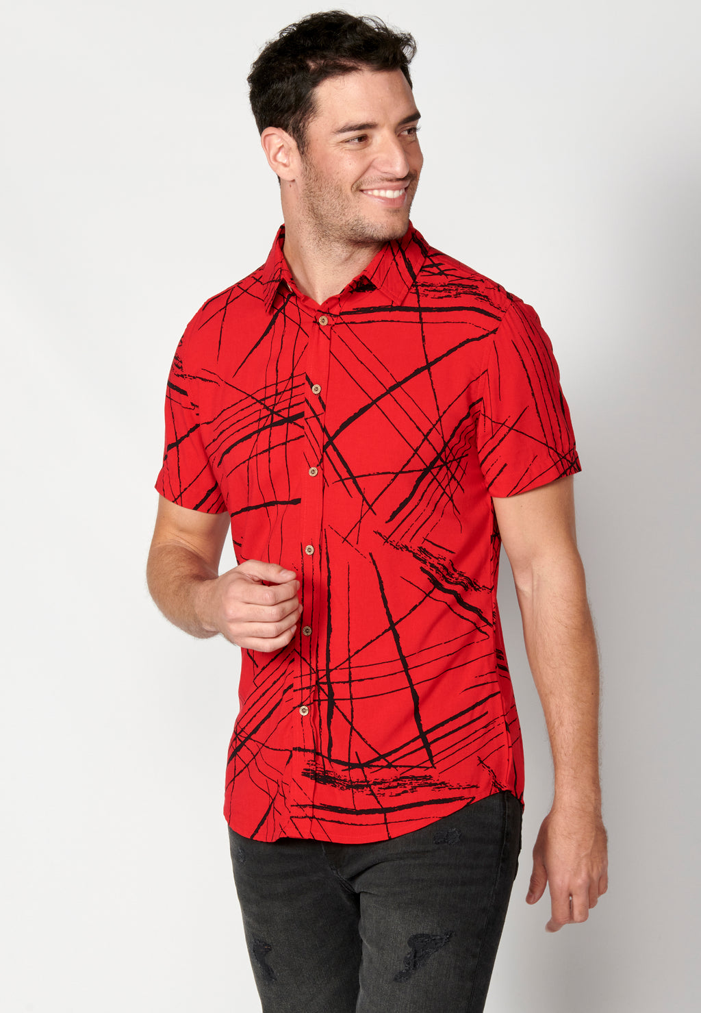 Red men's short sleeve viscose tropical print shirt - Koroshi 2311CC40