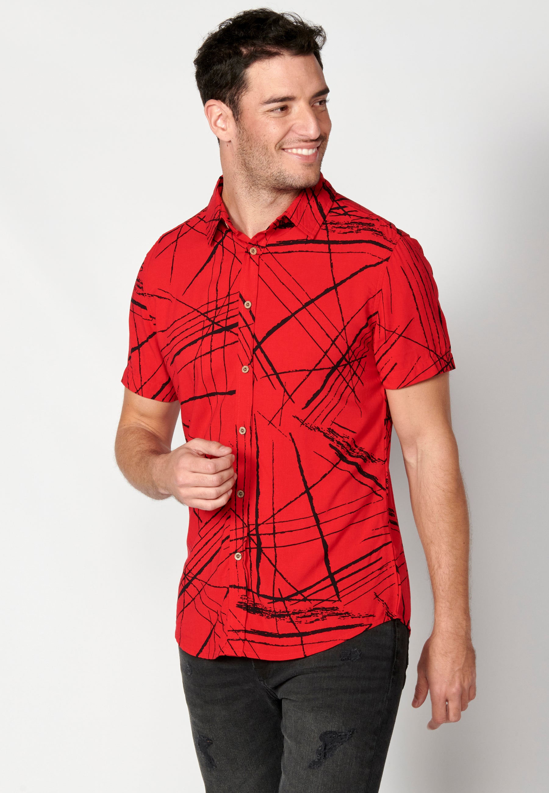 Red men's short sleeve viscose tropical print shirt - Koroshi 2311CC40