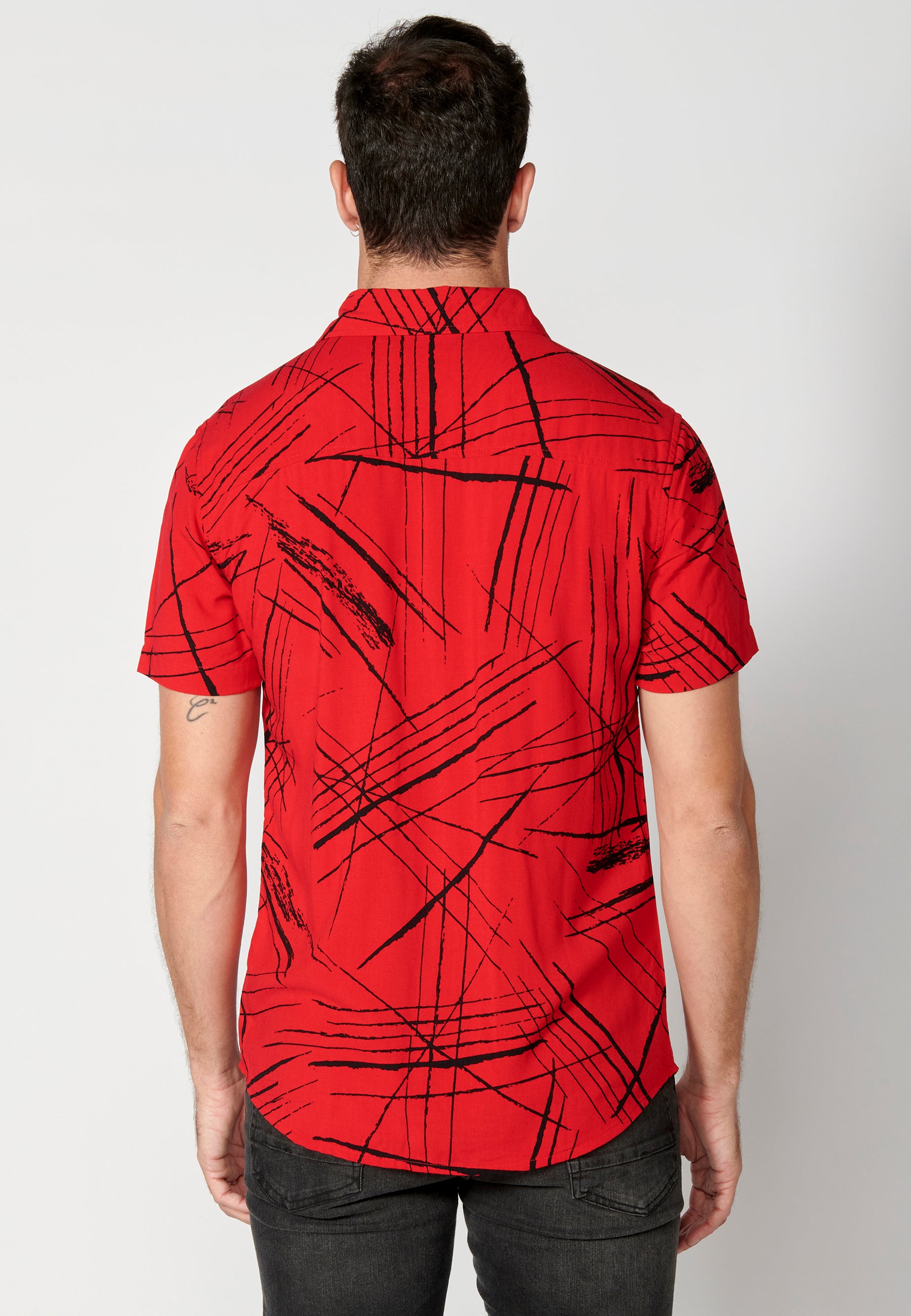 Red men's short sleeve viscose tropical print shirt - Koroshi 2311CC40