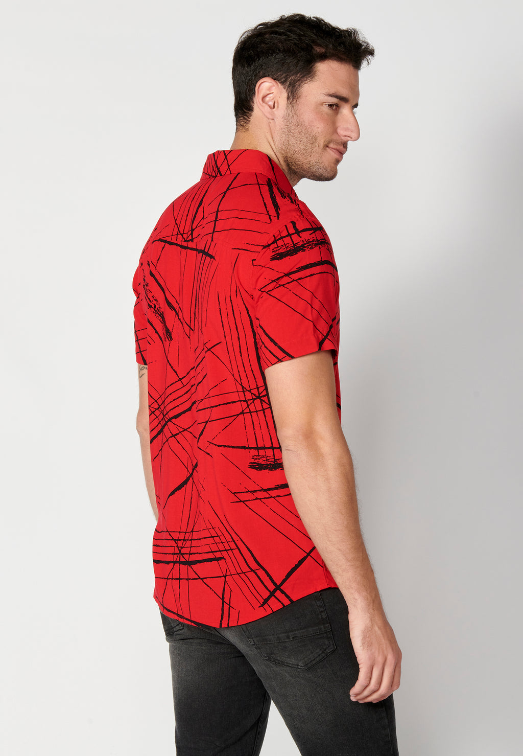 Red men's short sleeve viscose tropical print shirt - Koroshi 2311CC40