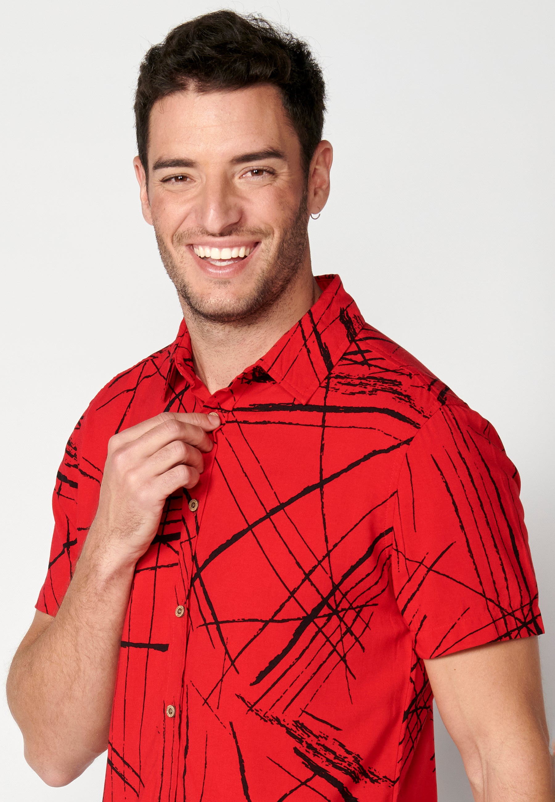 Red men's short sleeve viscose tropical print shirt - Koroshi 2311CC40