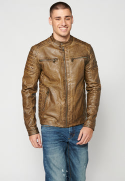 Light brown man's long sleeve mandarin collar synthetic leather jacket - Koroshi 2311JA03