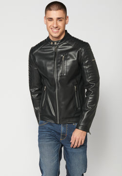 Men's black long sleeve synthetic leather biker jacket - Koroshi 2311JA08