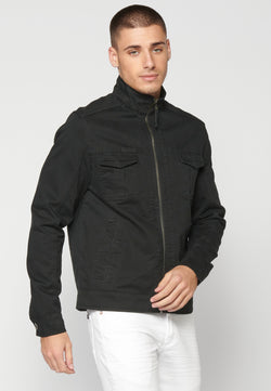 Herren-Windbreakerjacke aus schwarzer Baumwolle mit Stehkragen und langen Ärmeln – Koroshi 2311JA21