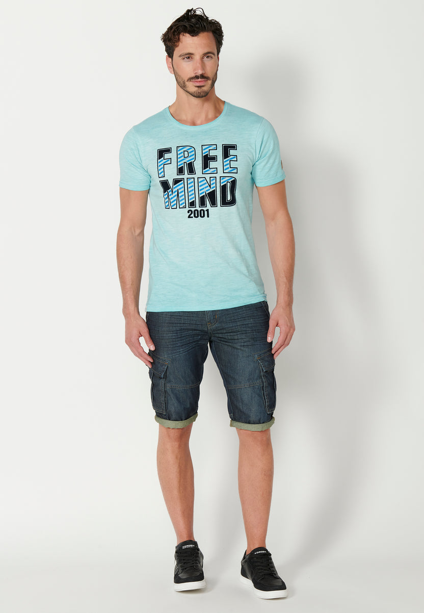 Blue men's printed round neck short sleeve t-shirt - Koroshi 2311MC16