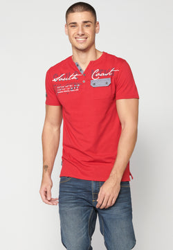 T-shirt homme rouge col manches courtes ouverture imprimée - Koroshi 2311MC22