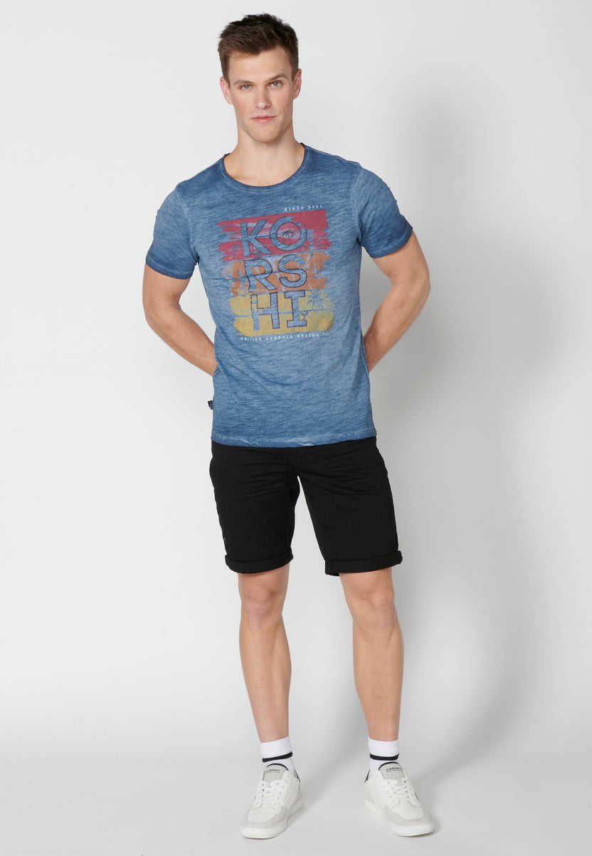 Indigo men's printed round neck short sleeve t-shirt - Koroshi 2311MC29
