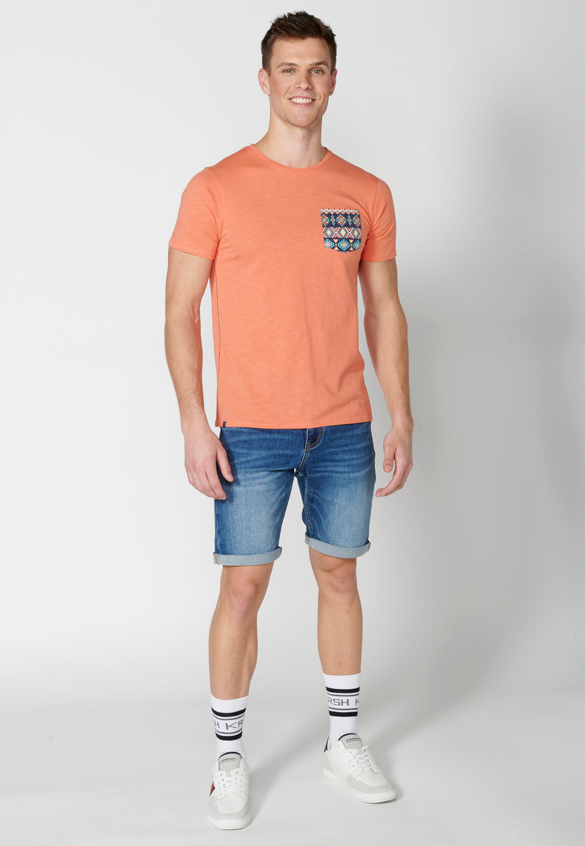 Camiseta manga corta cuello redondo bolsillo etnico hombre salmon - Koroshi 2311MC46