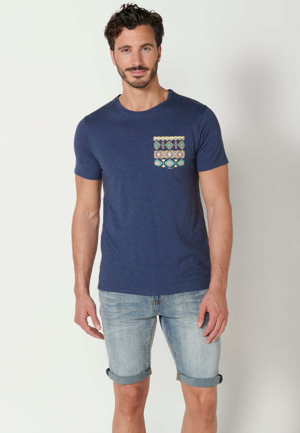 Camiseta manga corta cuello redondo bolsillo etnico hombre indigo - Koroshi 2311MC46