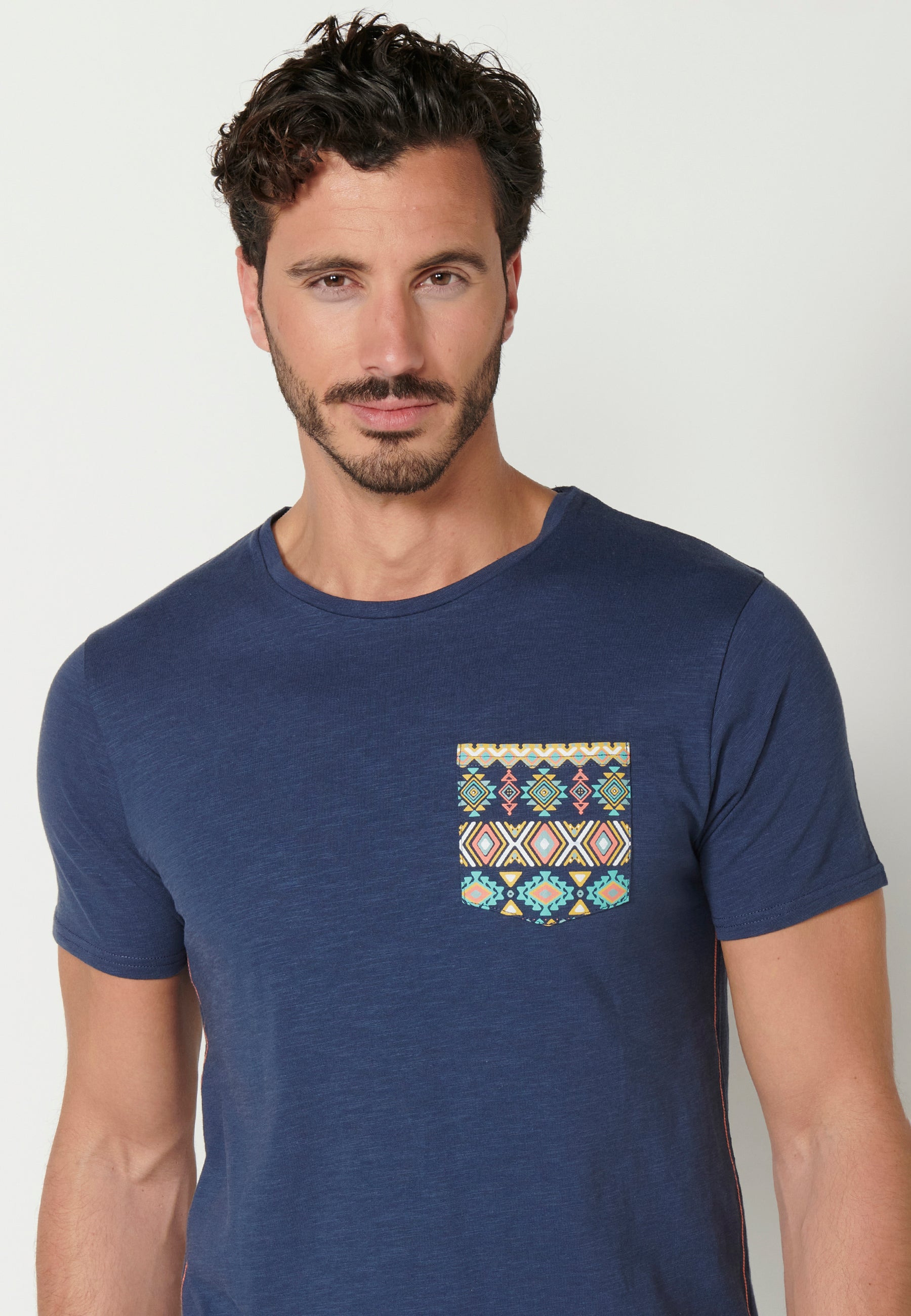 Camiseta manga corta cuello redondo bolsillo etnico hombre indigo - Koroshi 2311MC46