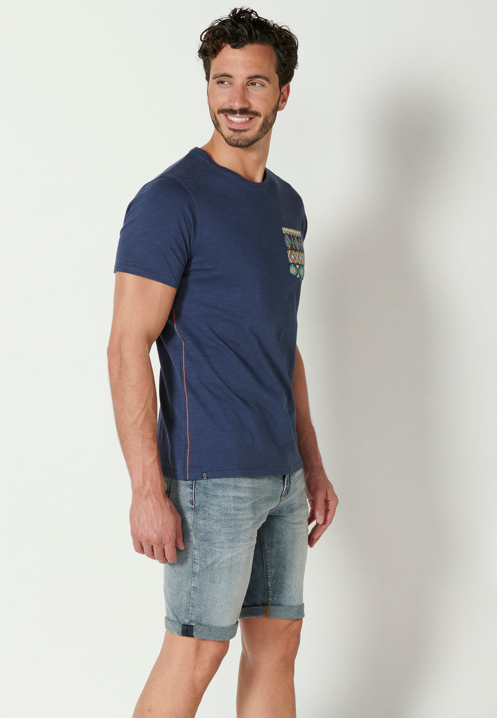 Camiseta manga corta cuello redondo bolsillo etnico hombre indigo - Koroshi 2311MC46