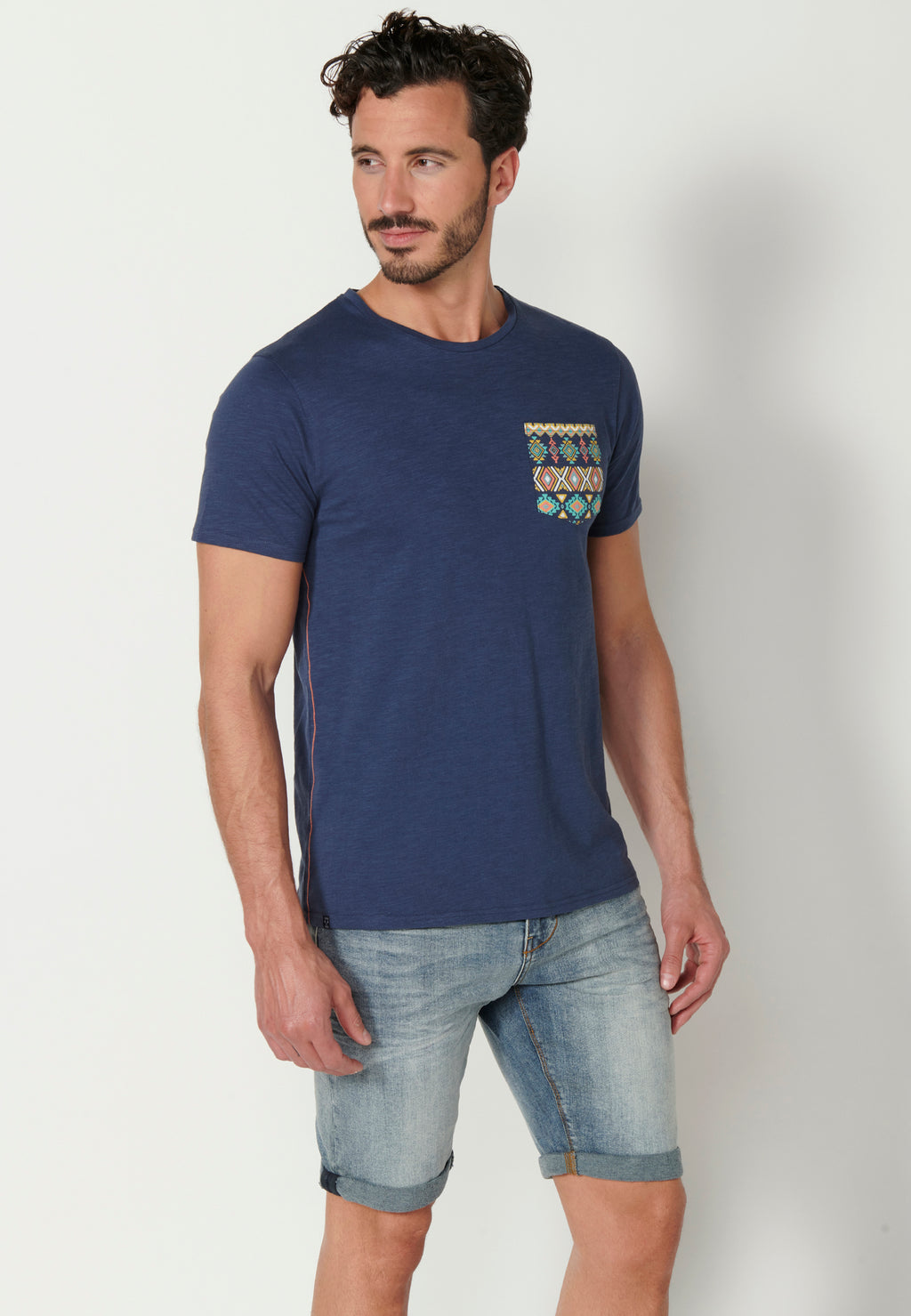 Camiseta manga corta cuello redondo bolsillo etnico hombre indigo - Koroshi 2311MC46