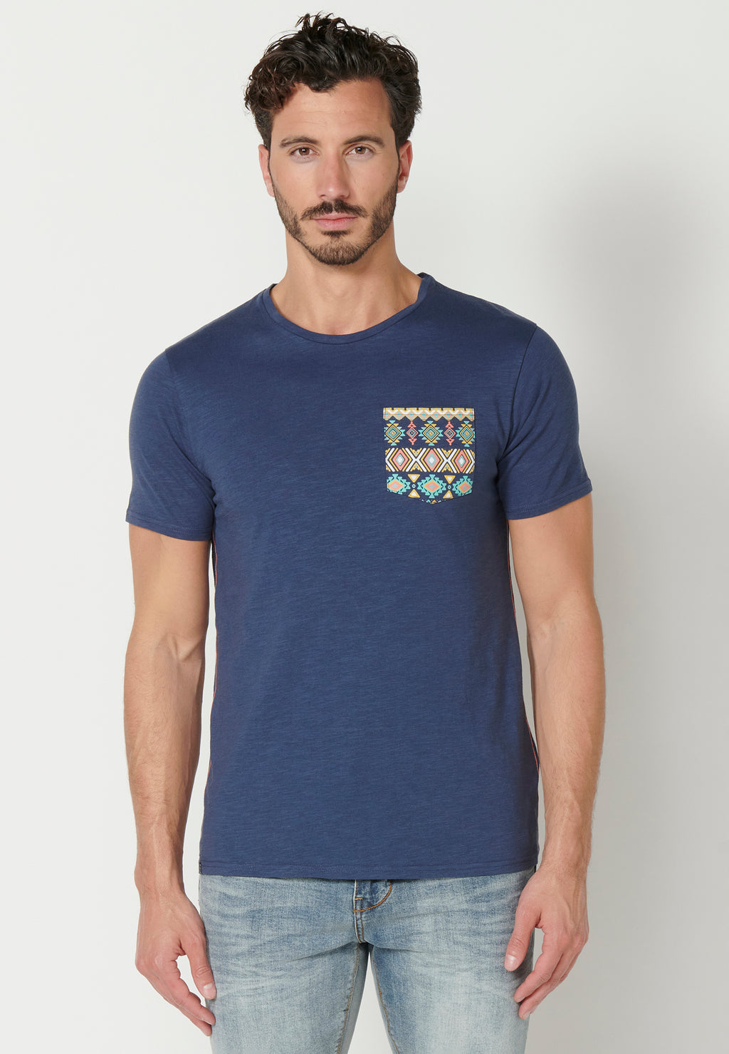 Camiseta manga corta cuello redondo bolsillo etnico hombre indigo - Koroshi 2311MC46