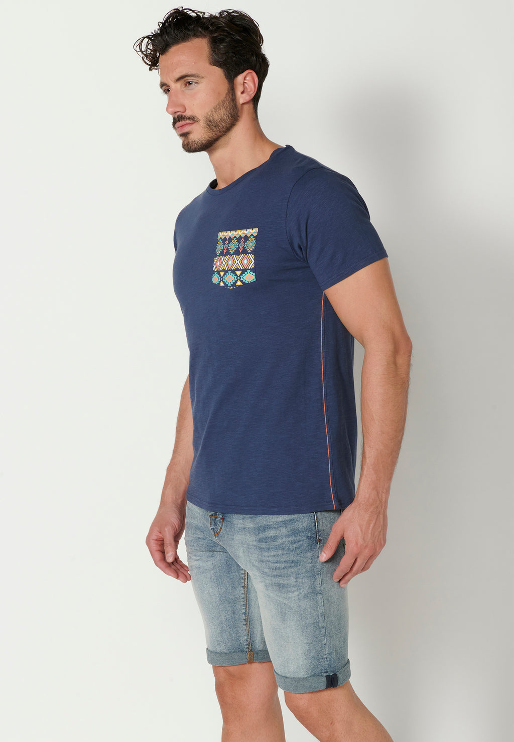 Camiseta manga corta cuello redondo bolsillo etnico hombre indigo - Koroshi 2311MC46