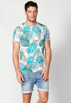 T-shirt bianca da uomo girocollo con stampa tropicale a maniche corte - Koroshi 2311MC55