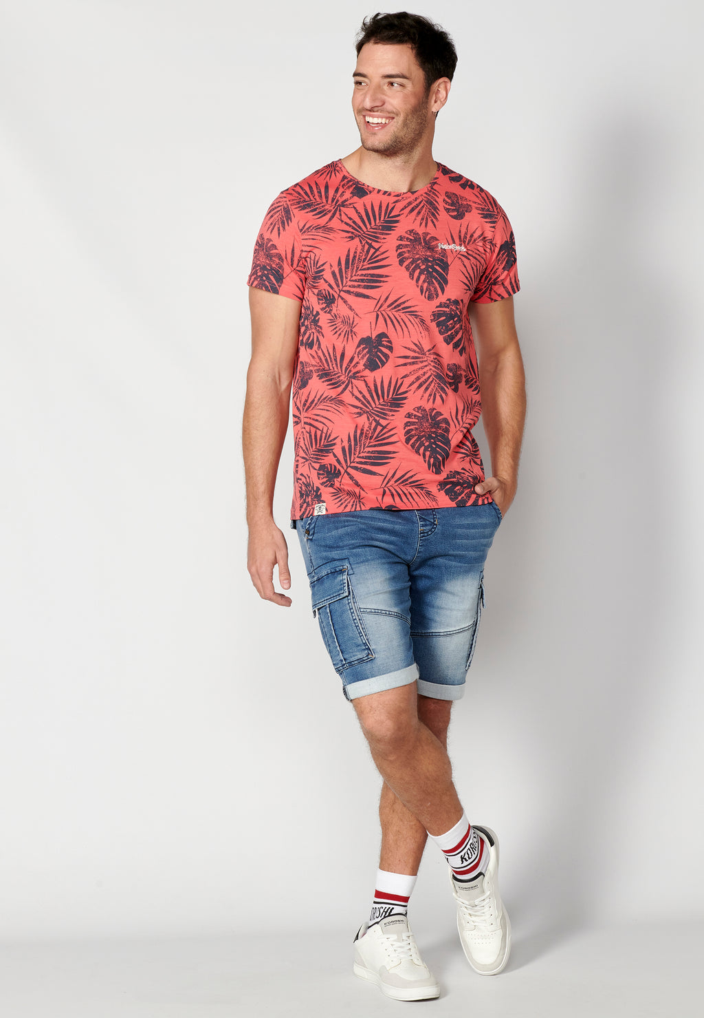 Camiseta manga corta cuello redondo estampado tropical hombre coral - Koroshi 2311MC59