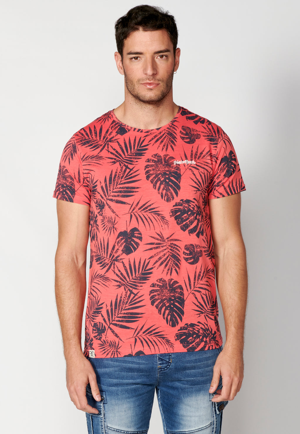 Camiseta manga corta cuello redondo estampado tropical hombre coral - Koroshi 2311MC59