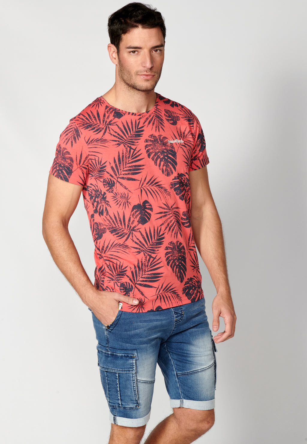 Camiseta manga corta cuello redondo estampado tropical hombre coral - Koroshi 2311MC59