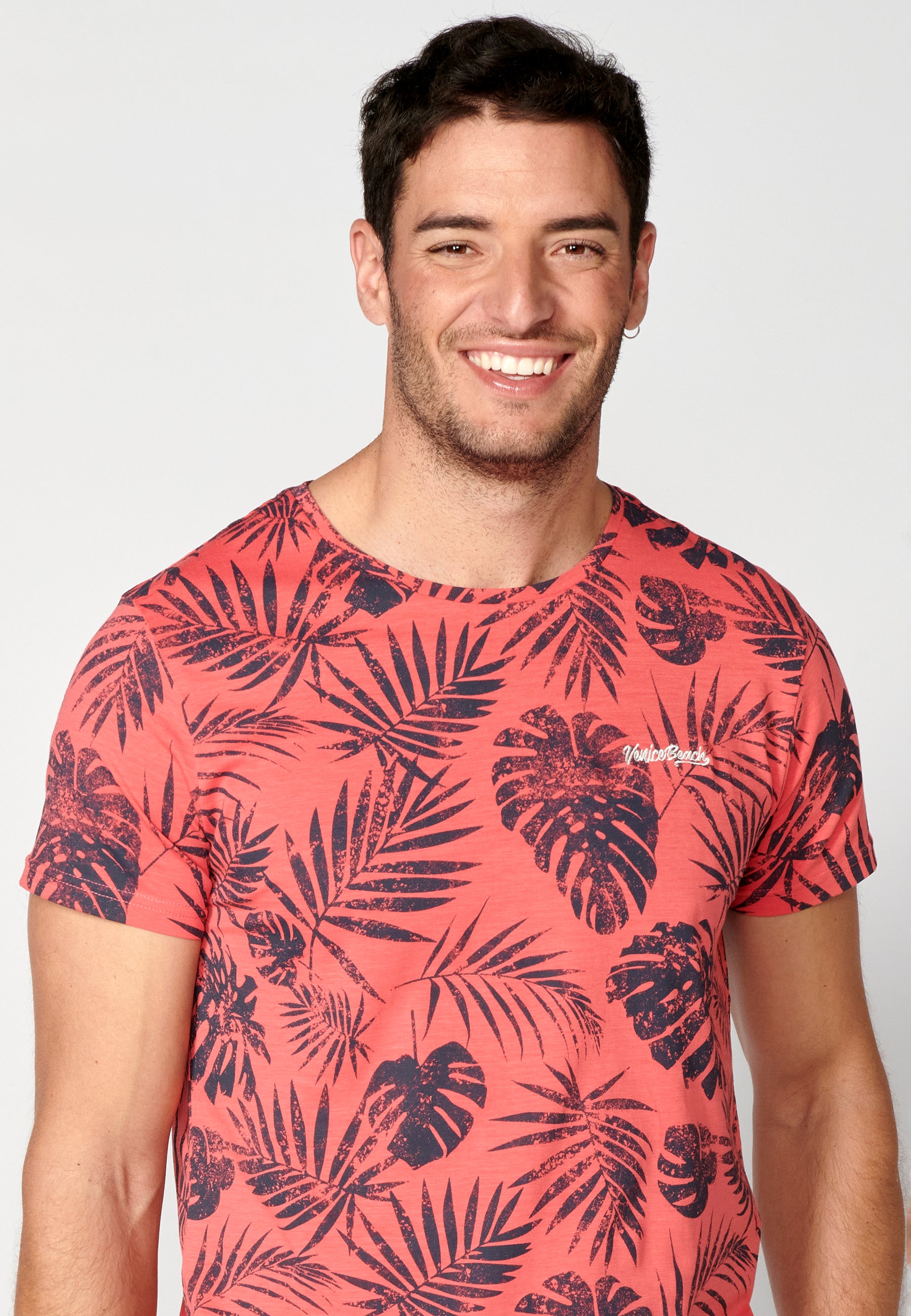 Camiseta manga corta cuello redondo estampado tropical hombre coral - Koroshi 2311MC59