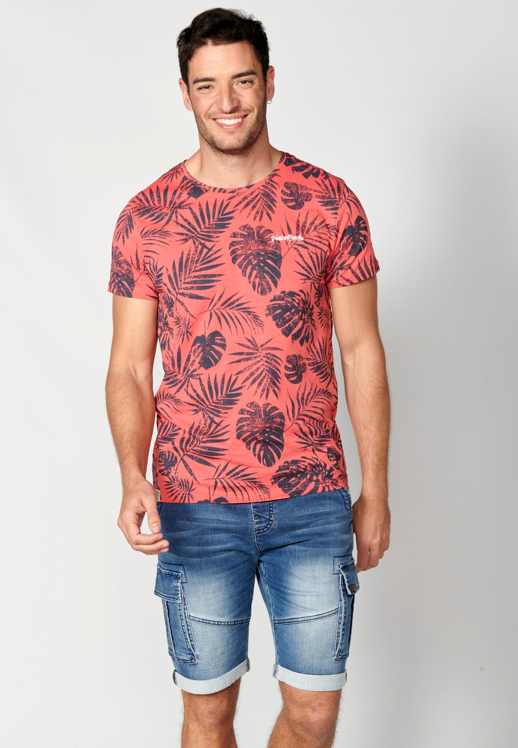 Camiseta manga corta cuello redondo estampado tropical hombre coral - Koroshi 2311MC59