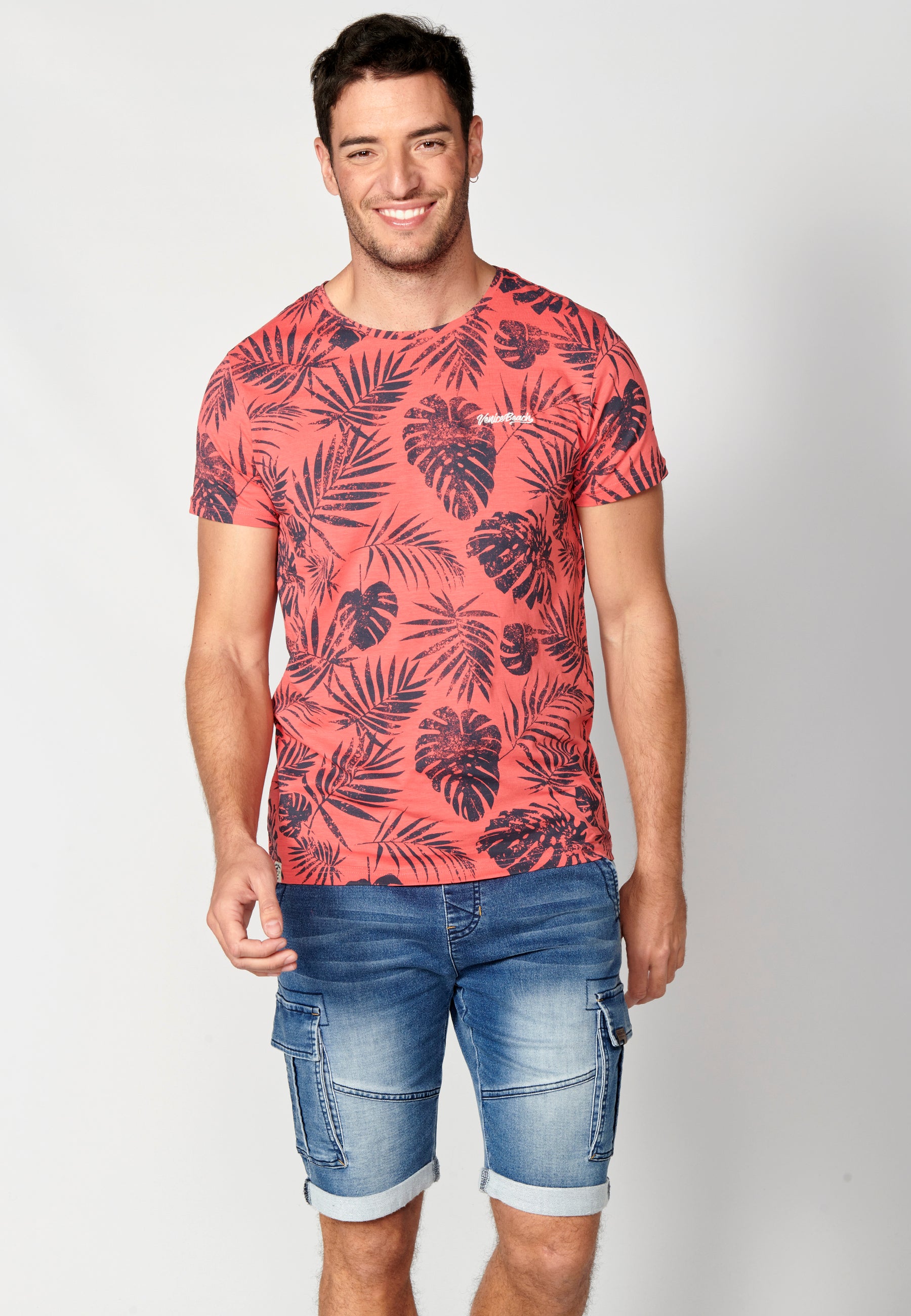 Camiseta manga corta cuello redondo estampado tropical hombre coral - Koroshi 2311MC59