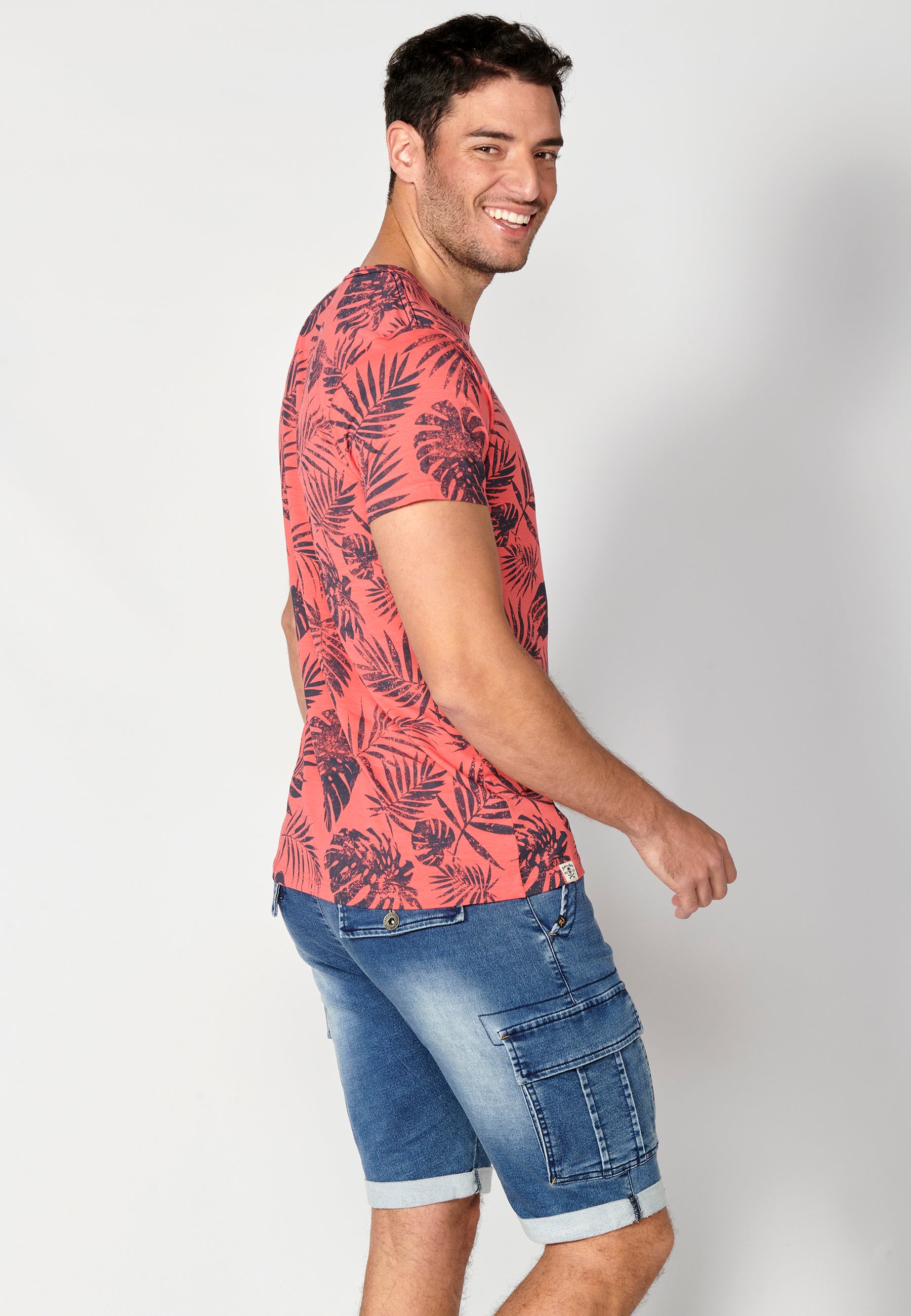 Camiseta manga corta cuello redondo estampado tropical hombre coral - Koroshi 2311MC59