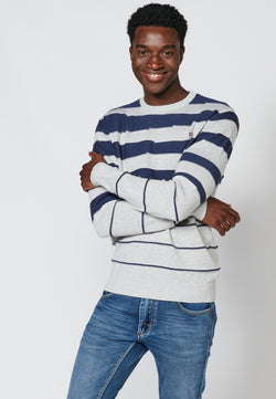 Langärmliger gestreifter Rundhals-Strickpullover für Herren in Grau - Koroshi 2311TR03
