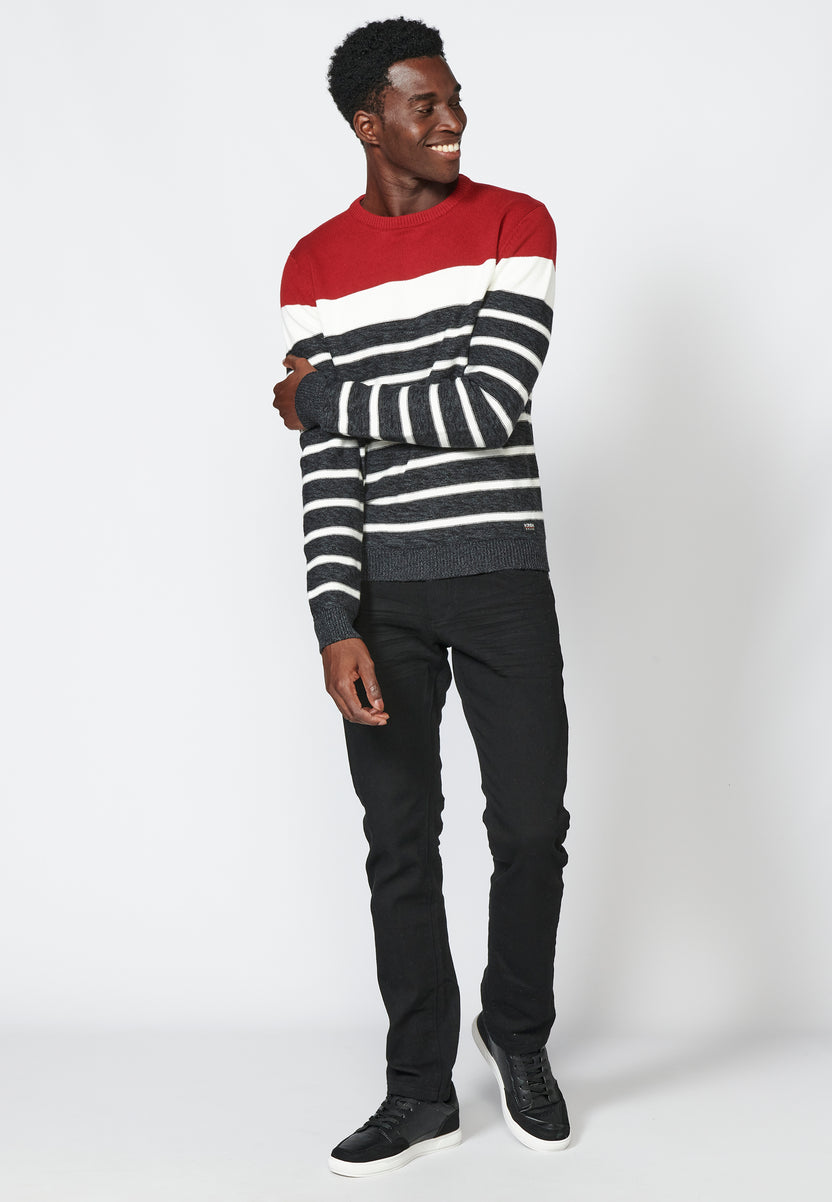 Pull tricoté col rond rayé manches longues rouge homme - Koroshi 2311TR42