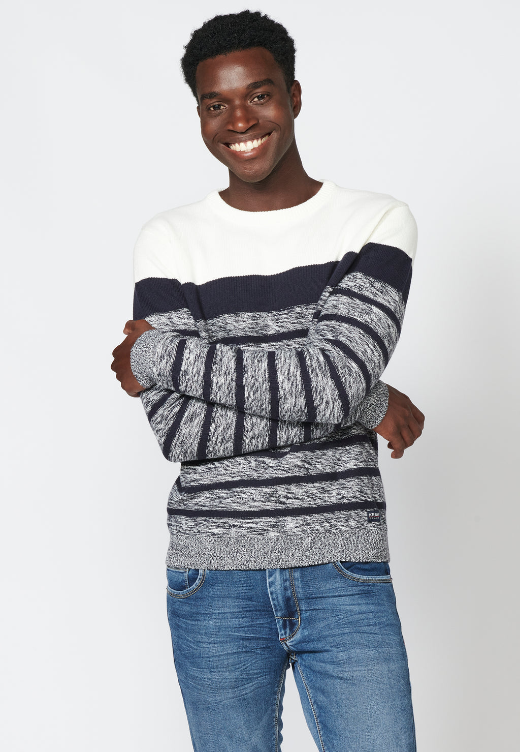 Ecrufarbener langärmliger, gestreifter Rundhals-Strickpullover für Herren – Koroshi 2311TR42