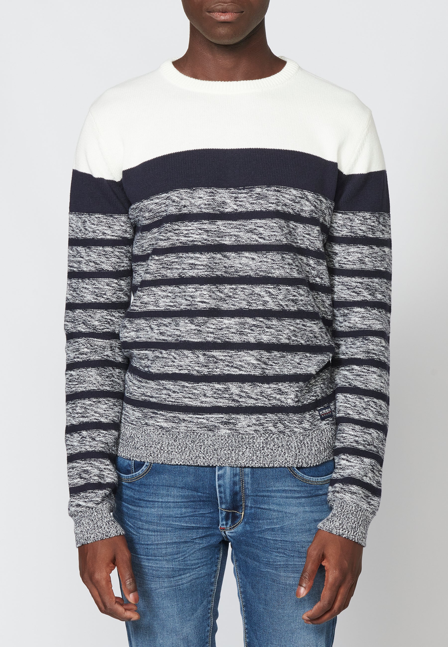 Ecrufarbener langärmliger, gestreifter Rundhals-Strickpullover für Herren – Koroshi 2311TR42
