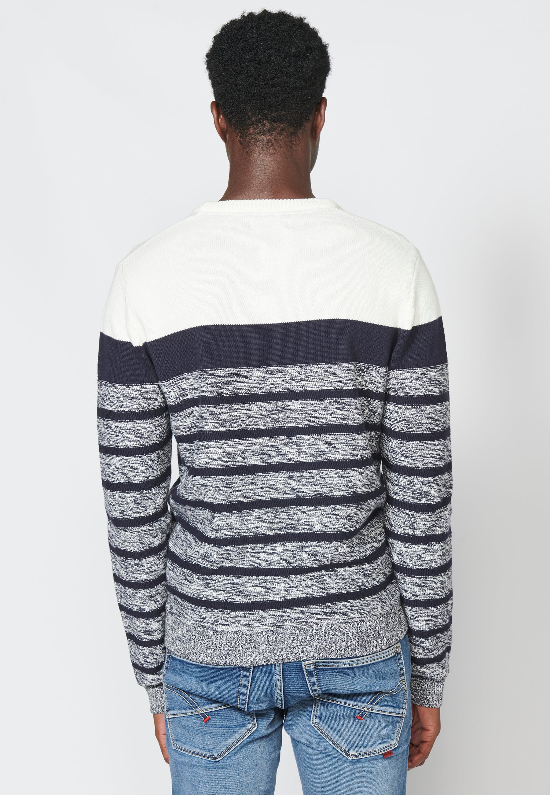 Ecrufarbener langärmliger, gestreifter Rundhals-Strickpullover für Herren – Koroshi 2311TR42